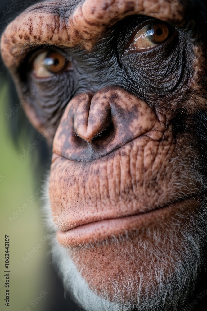  A close up of a chimpanzee's face looking at the camera