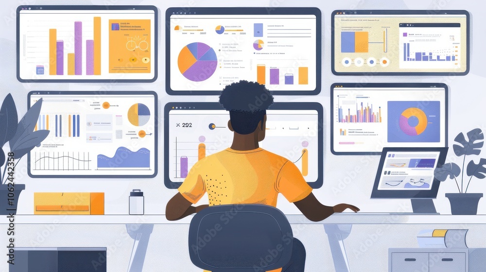 Naklejka premium Data scientist using machine learning algorithms, with complex data visuals
