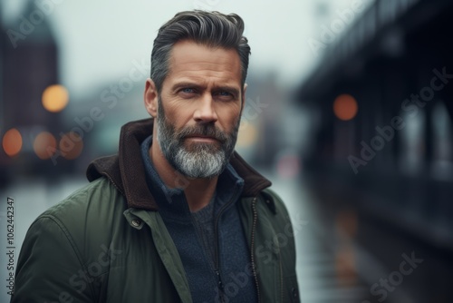 Portrait of a handsome middle-aged man with gray beard and mustache in the city