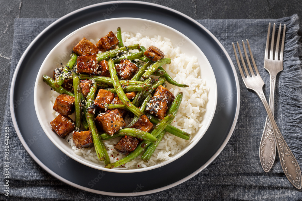 garlic green bean stir fry with crispy tofu and rice garlic green bean stir fry with crispy tofu and rice