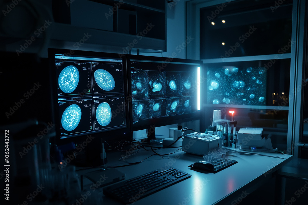 A series of detailed embryo images on a computer screen in a lab.A dark room with many monitors and a computer on a desk A series of detailed embryo images on a computer screen in a lab.A dark room with many monitors and a computer on a desk
