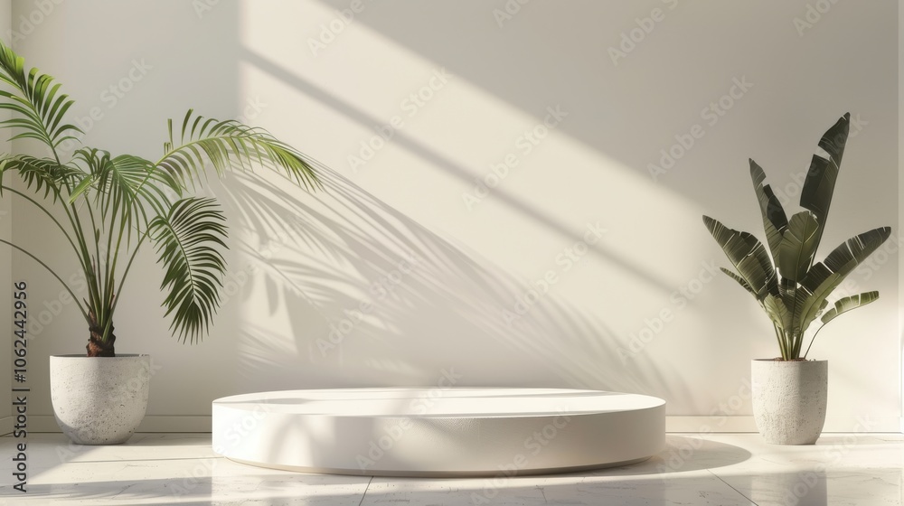 Geometric platform, minimalist white room, cylinder podium, palm leaf shadows, serene product display