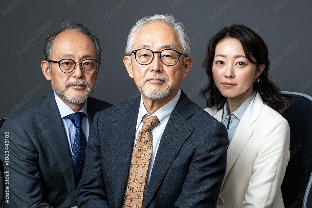 Three Asian people looking at the camera and one of them is a woman. Three Asian people looking at the camera and one of them is a woman.