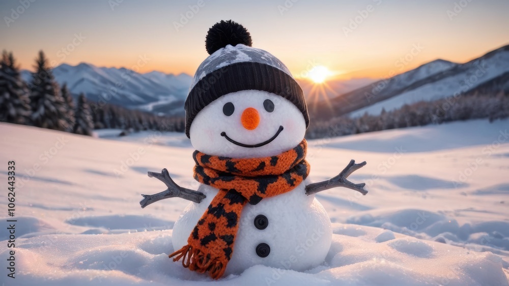 Obraz premium Cute Snowman with Knitted Scarf and Hat in Winter Landscape at Sunset in Snowy Mountain Scenery