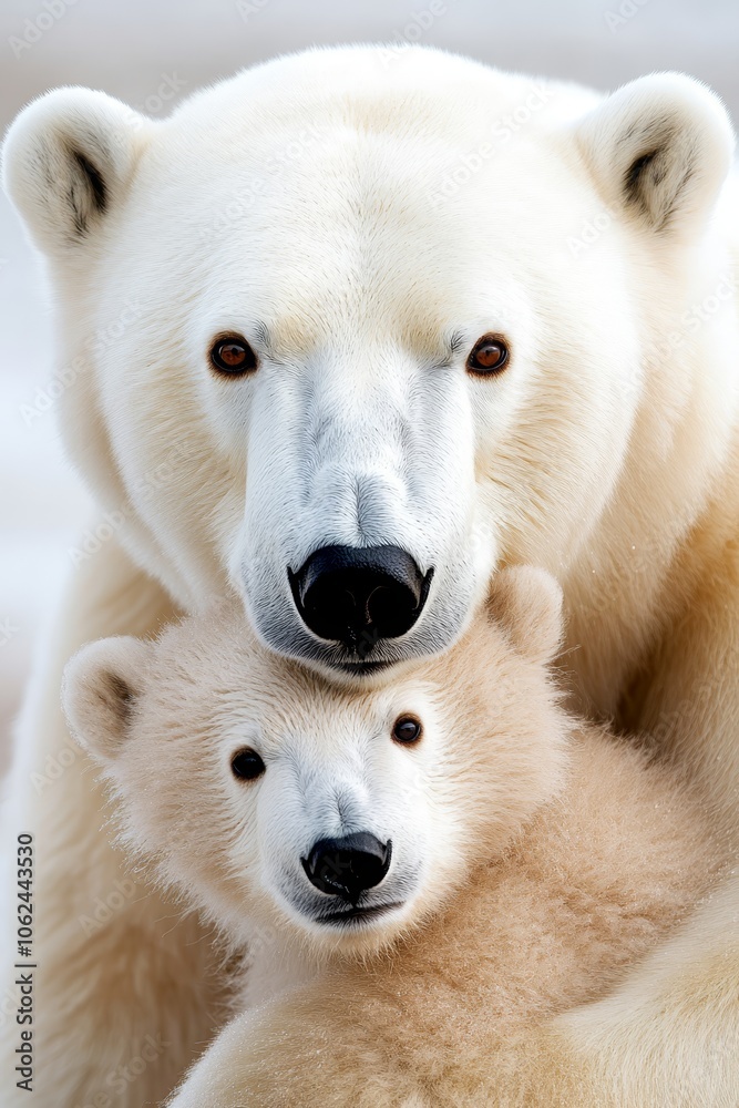 A mother polar bear and her cub are cuddling together A mother polar bear and her cub are cuddling together