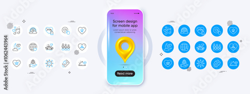 Phone mockup with 3d map pin icon. Equality, Lgbt and Dating line icons. Pack of Love letter, Honeymoon travel, Inclusion icon. Like button, International love, Be mine pictogram. Vector