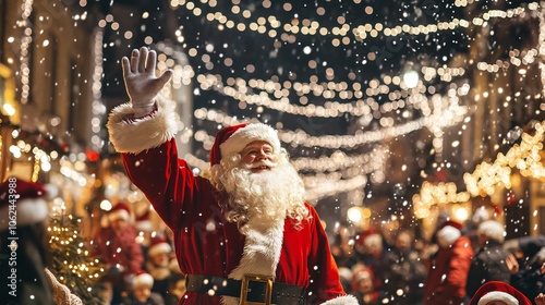 A Christmas parade in a small town square, Santa waving to the crowd, children bundled up with excitement, and festive lights overhead photo