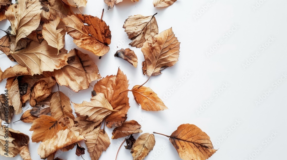 Fototapeta premium Dry leaves against white backdrop.