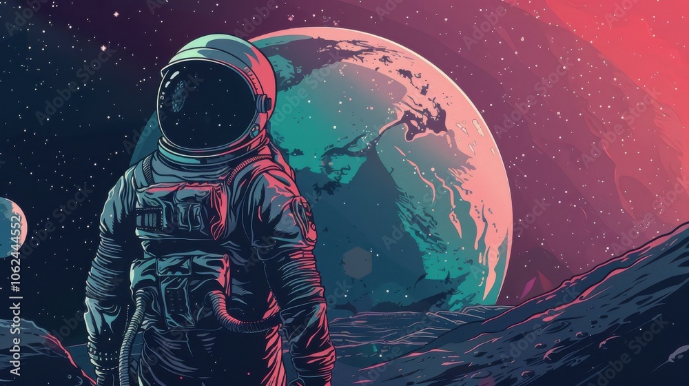 Illustration featuring a spaceman in space, admiring Earth's brilliance from afar, capturing the essence of exploration and discovery