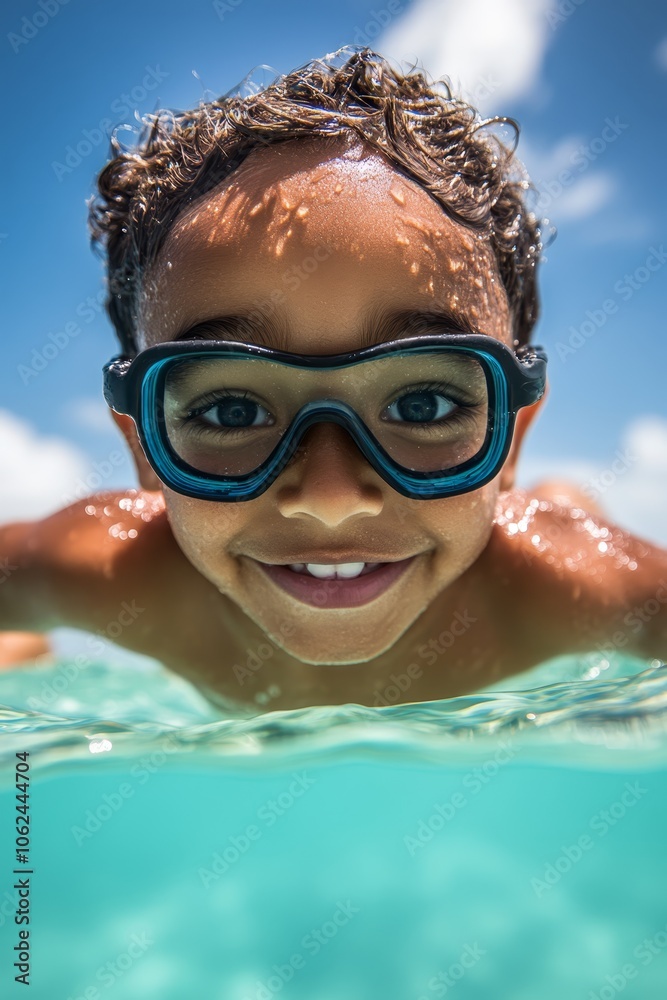 Naklejka premium A young boy wearing a pair of swimming goggles in the water
