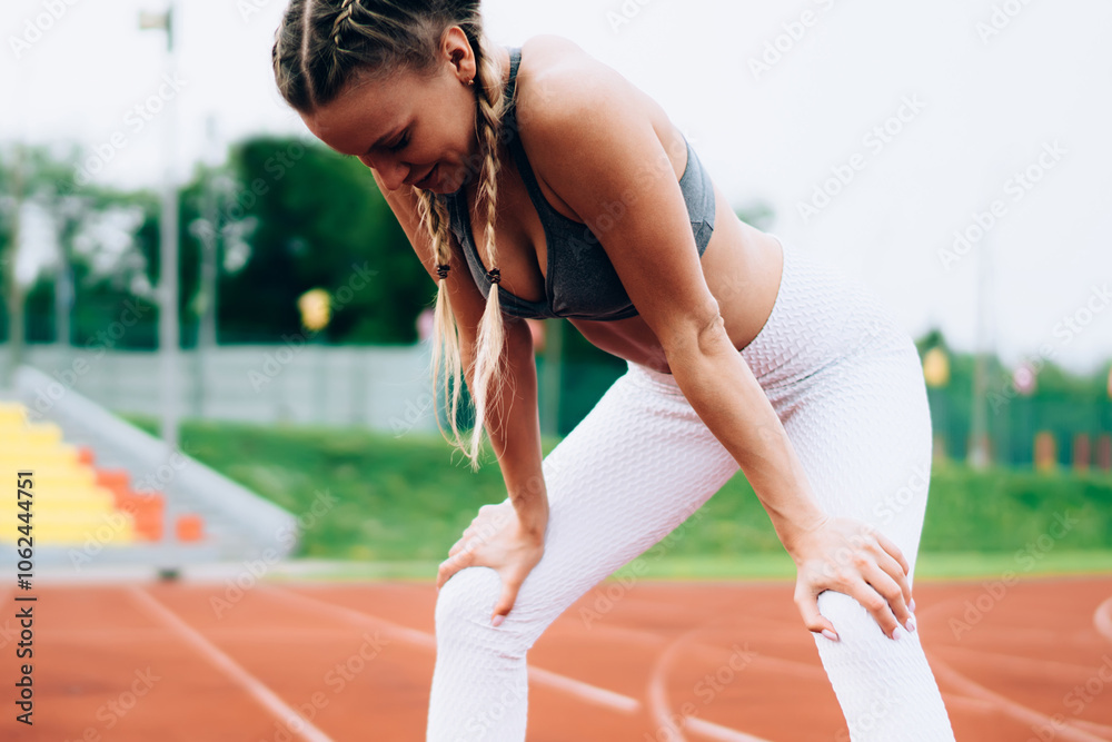 Fototapeta premium Adult sporty female taking rest training in stadium