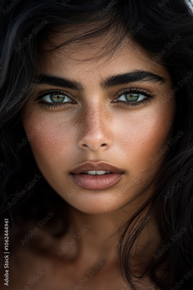 A woman with long black hair and green eyes