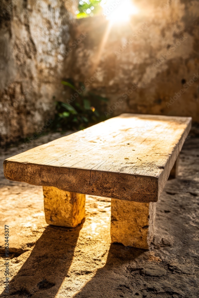 A wooden bench sitting in front of a stone wall A wooden bench sitting in front of a stone wall