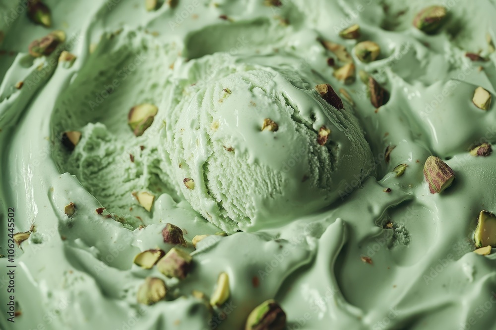 Fototapeta premium A close-up of a scoop of pistachio ice cream with visible chunks of pistachio nuts