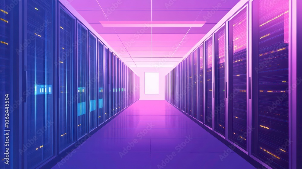 An illustration of a data center with many rows of fully operational server racks. Modern telecommunications, cloud computing, stock, databases, and supercomputers are represented. An illustration of a data center with many rows of fully operational server racks. Modern telecommunications, cloud computing, stock, databases, and supercomputers are represented.
