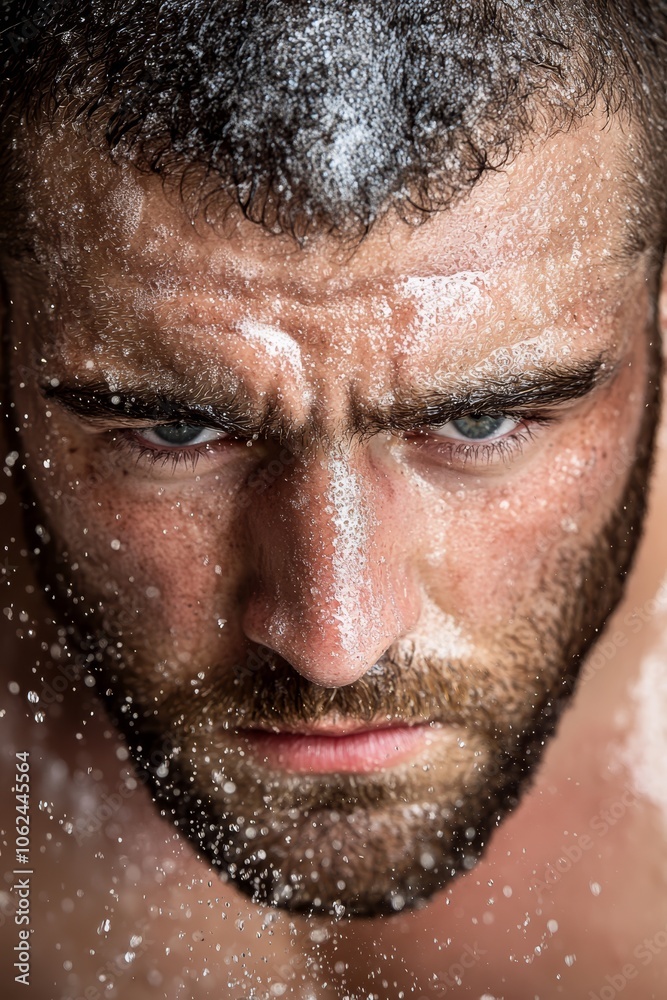 A close up of a man with water droplets on his face A close up of a man with water droplets on his face
