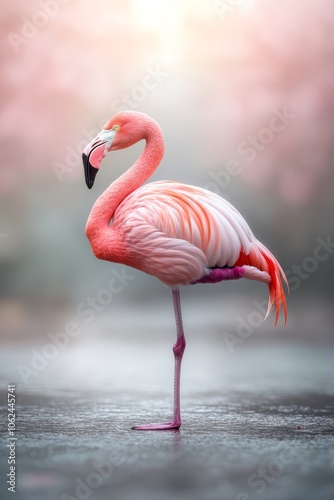 A pink flamingo standing on top of a body of water