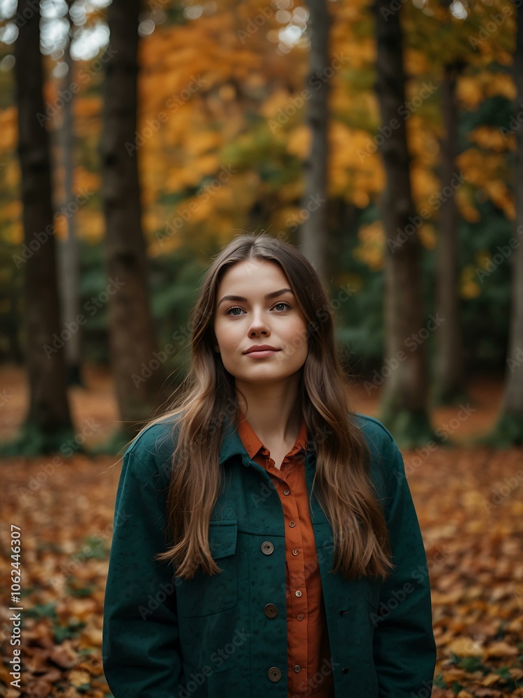 Young woman surrounded by vibrant autumn leaves in a tranquil forest. Young woman surrounded by vibrant autumn leaves in a tranquil forest.