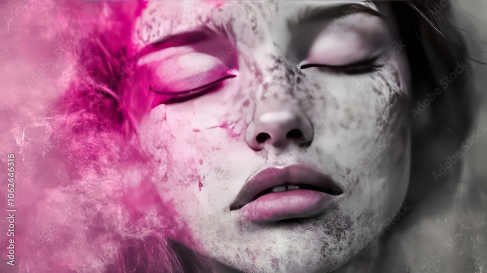 An artistic portrait of a woman in black and white with a pink overlay. The closed eyes and serene expression convey a feeling of calm and introspection An artistic portrait of a woman in black and white with a pink overlay. The closed eyes and serene expression convey a feeling of calm and introspection