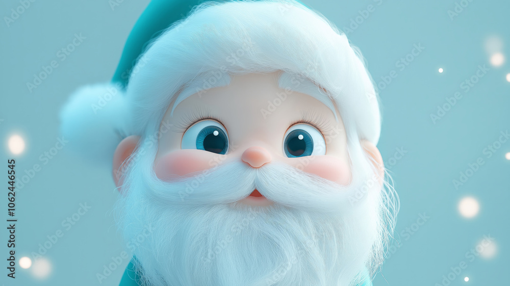 Obraz premium Adorable 3D animated Santa Claus character with big blue eyes, white fluffy beard, and turquoise hat against a light blue background with sparkles, showcasing a cute and whimsical holiday design.