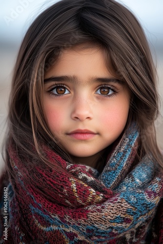 A young girl wearing a scarf on the beach