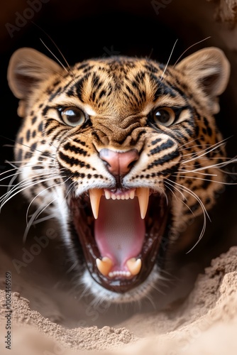  A close up of a leopard's face with its mouth open