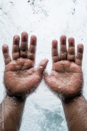 Two hands reaching out of a window with water splashing on them