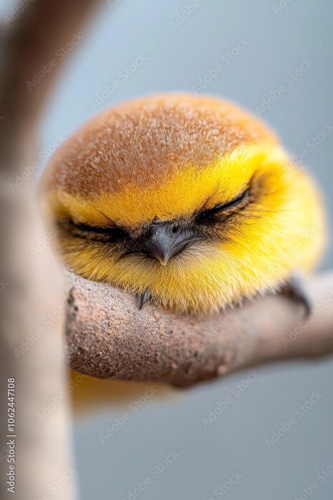 A small yellow bird sleeping on a tree branch A small yellow bird sleeping on a tree branch