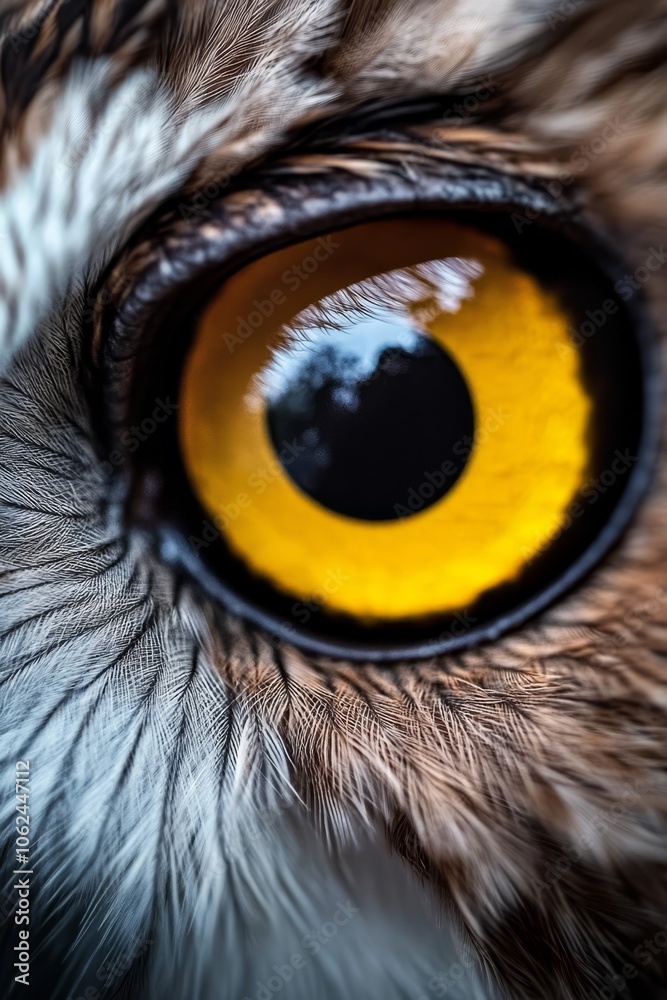 A close up of an owl's eye with yellow iris A close up of an owl's eye with yellow iris