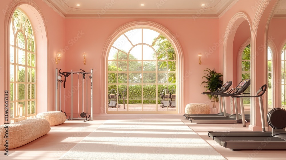 Fototapeta premium Luxurious pink gym interior with arched windows, treadmills, and natural light.