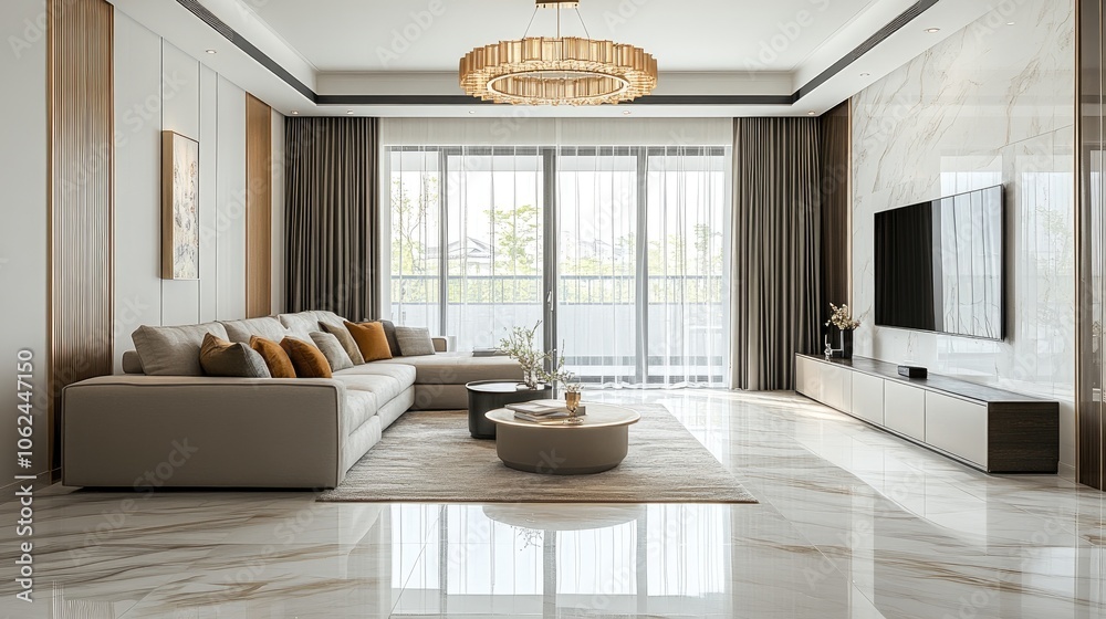 Fototapeta premium Modern living room with a large sectional sofa, coffee table, and a flat-screen TV.