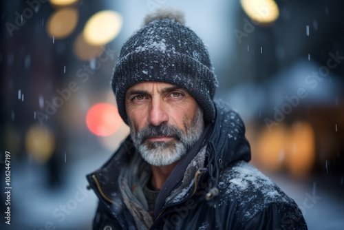 Portrait of a senior man in the city at night with snow