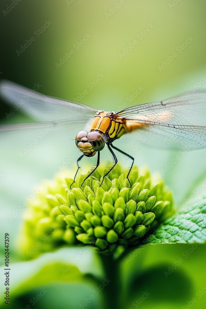 A dragonfly sitting on top of a green flower A dragonfly sitting on top of a green flower