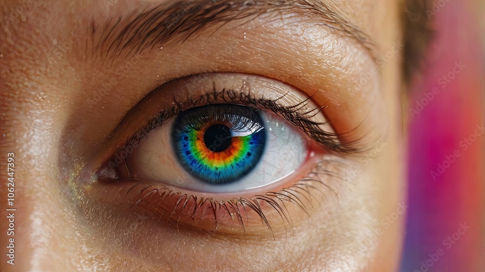 Obraz premium A close-up view of a vibrant, multi-colored eye with rainbow-like patterns and a detailed iris during a bright lighting setting