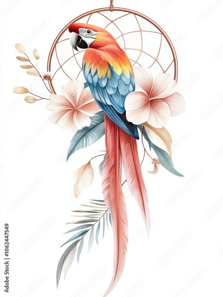 Fototapeta premium Vibrant Parrot Perched on Dreamcatcher with Tropical Flowers and Leaves