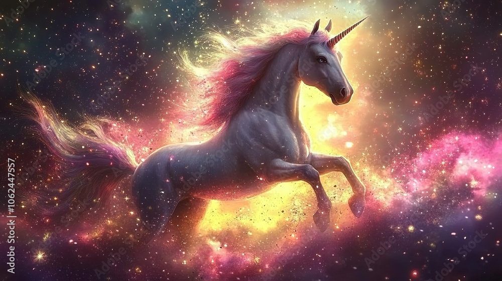 Discover the mystical beauty of a unicorn dancing through a colorful galaxy Discover the mystical beauty of a unicorn dancing through a colorful galaxy