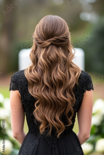 A woman in a black dress with long hair in a half up half down hairstyle