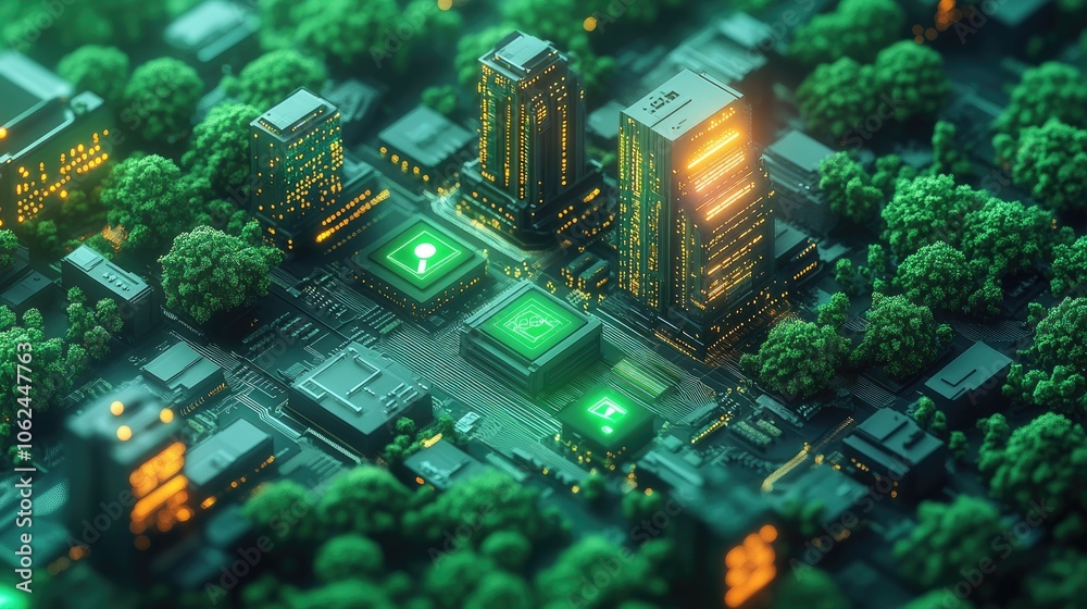 Obraz premium A futuristic city with glowing buildings and trees, surrounded by green fields.
