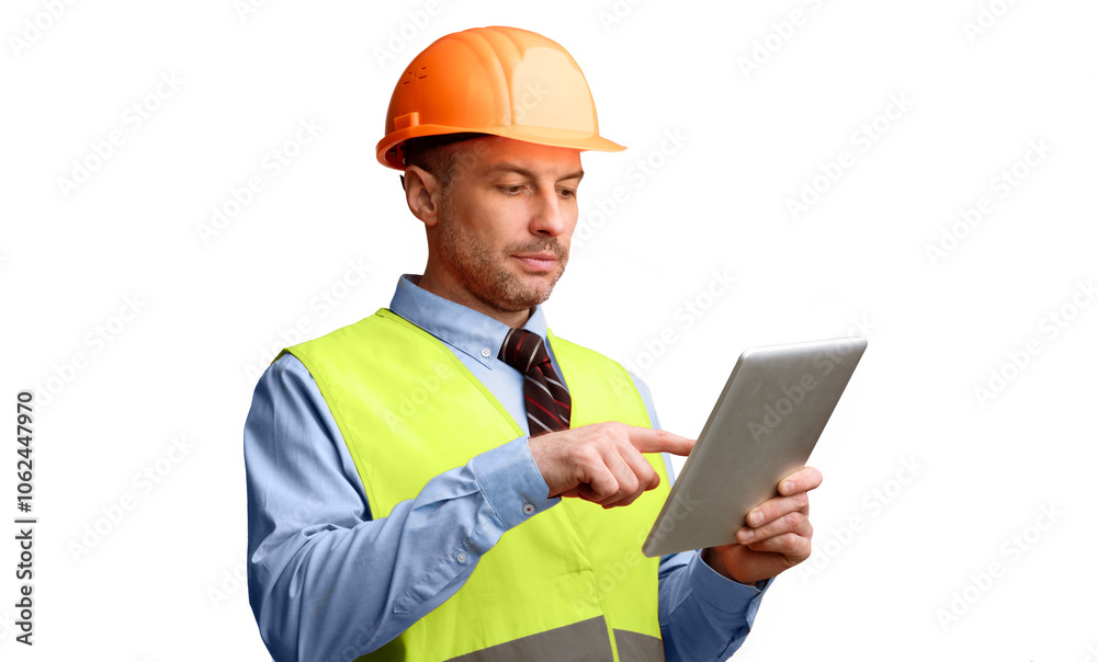 Building Engineer Using Digital Tablet Working Online Standing Over White Studio Background. Industrial Building Engineering, Builder Using Computer Browsing Internet Concept Building Engineer Using Digital Tablet Working Online Standing Over White Studio Background. Industrial Building Engineering, Builder Using Computer Browsing Internet Concept