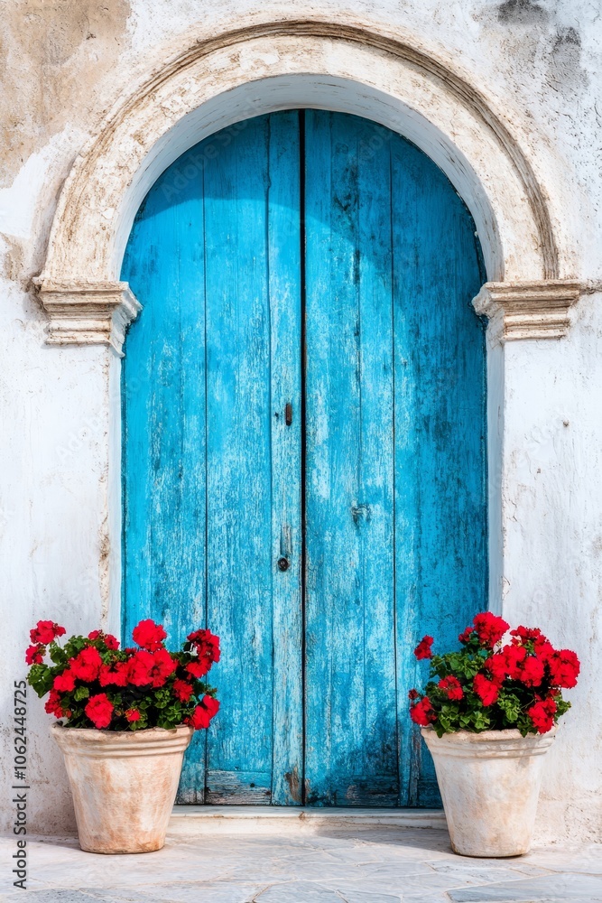 A blue door with two pots of red flowers in front of it A blue door with two pots of red flowers in front of it