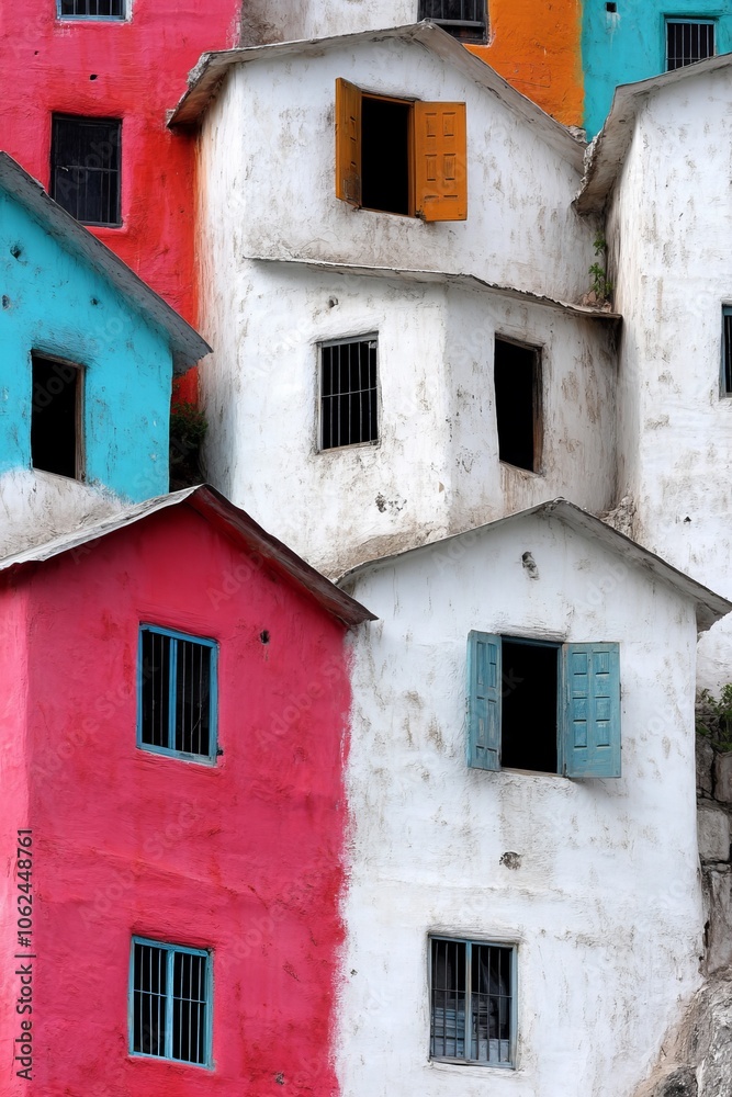 A group of colorful buildings with windows and shutters A group of colorful buildings with windows and shutters