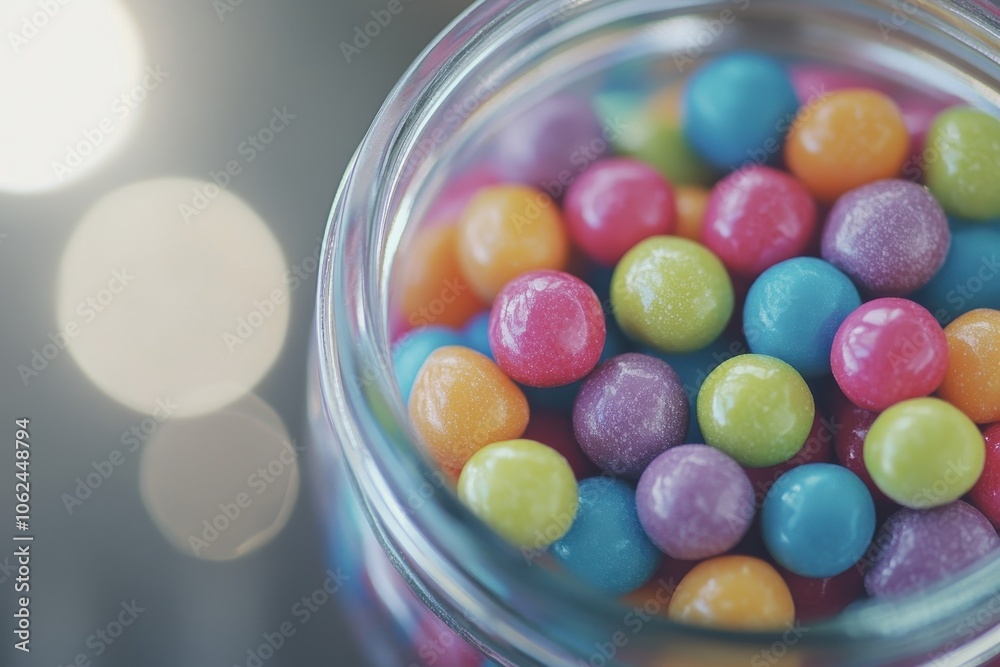 A close-up of brightly colored candies in a glass jar A close-up of brightly colored candies in a glass jar