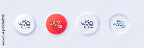 People talking line icon. Neumorphic, Red gradient, 3d pin buttons. Conversation sign. Communication speech bubbles symbol. Line icons. Neumorphic buttons with outline signs. Vector