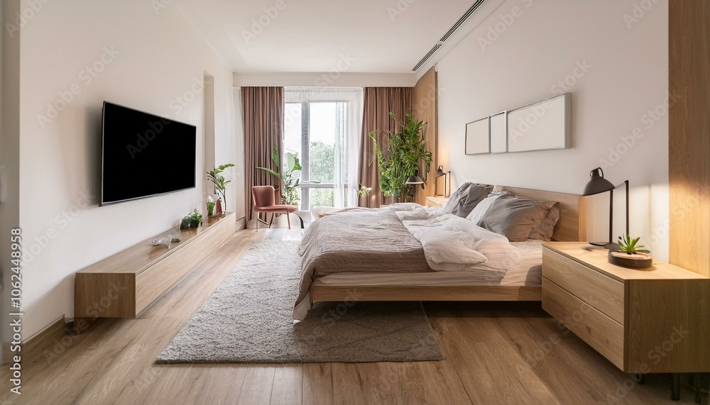 Fototapeta premium Stylish home bedroom interior with tv screen, table and window. Mock up poster