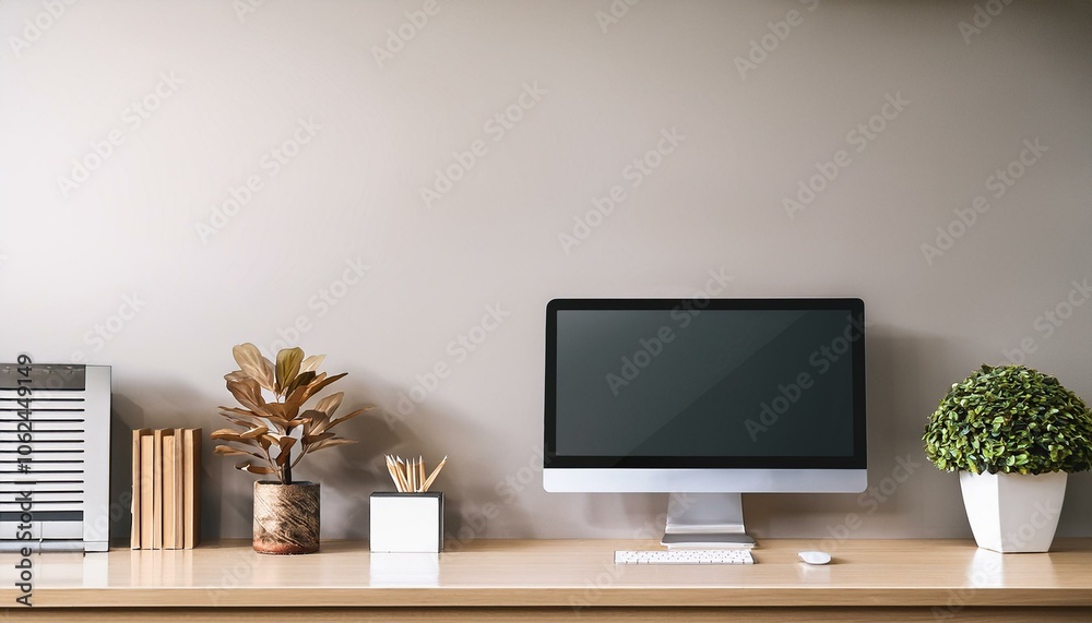 Fototapeta premium Stylish office reception interior desk with computer, mockup wall