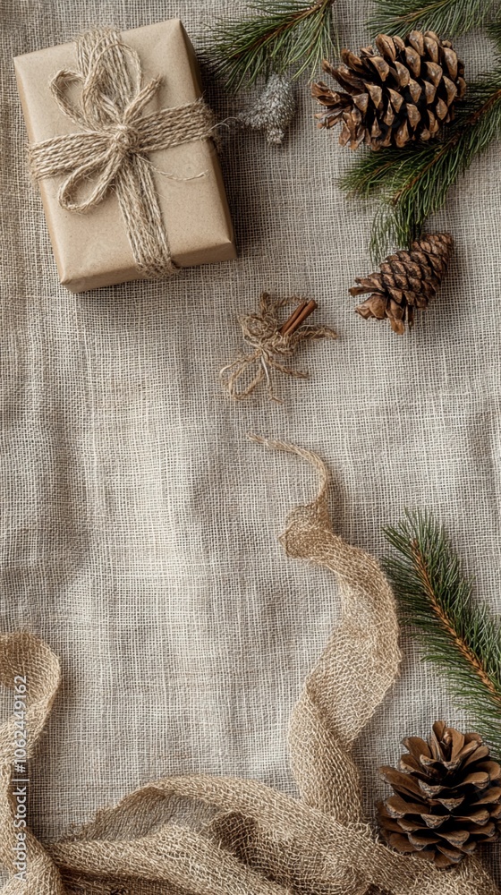 holiday decorations with burlap ribbons, pinecones, and a small wrapped box on a soft fabric background, seen from above with an open area in the middle for text holiday decorations with burlap ribbons, pinecones, and a small wrapped box on a soft fabric background, seen from above with an open area in the middle for text