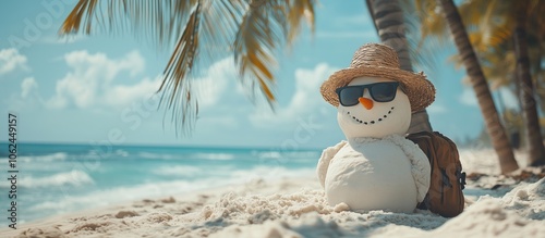 Banner of a funny snowman made of sand on a tropical beach. He is wearing a straw hat and sunglasses, and has a backpack next to him. Summer holiday at a resort in winter. Copy space.