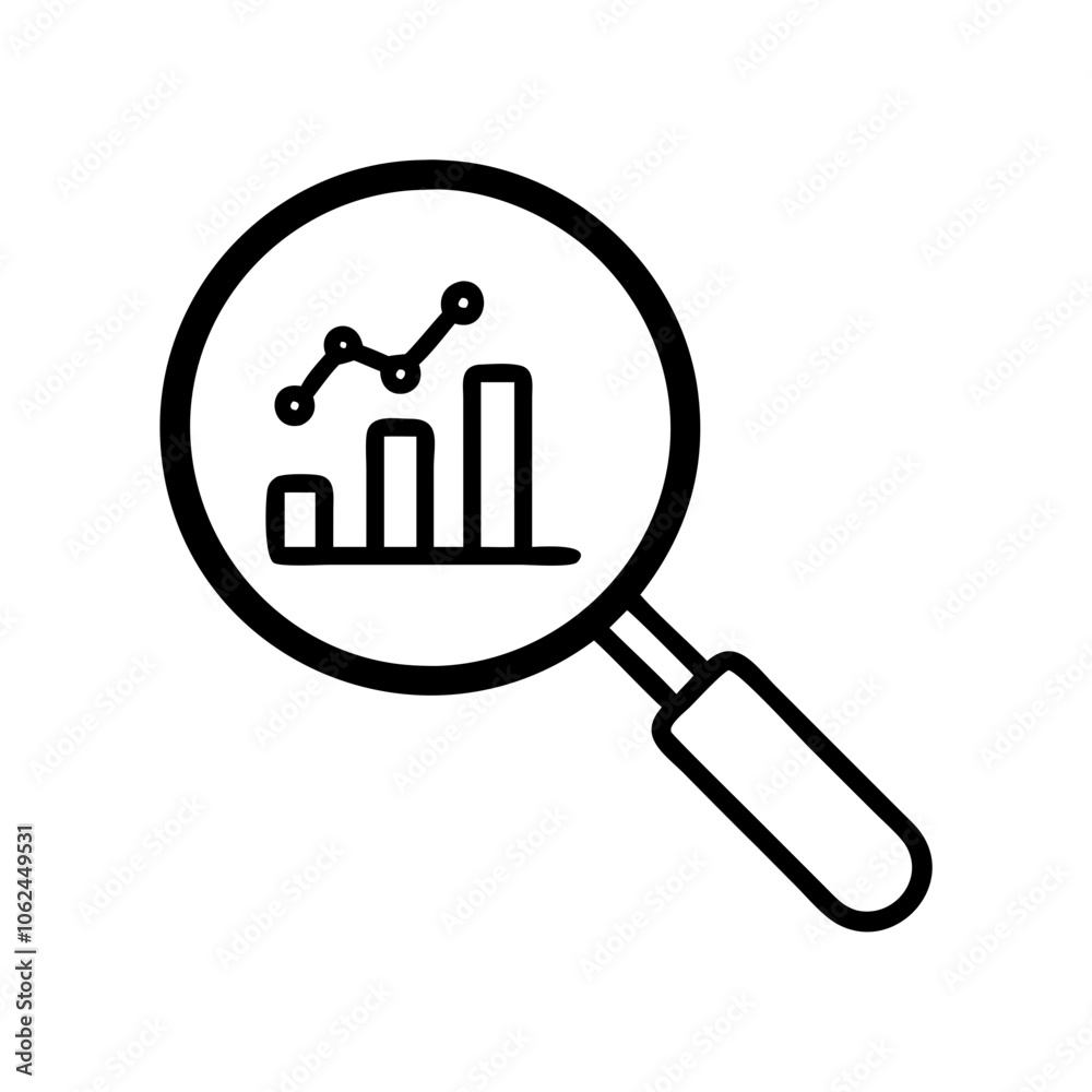 Analytics icon with magnifying glass over graph for data analysis and insights