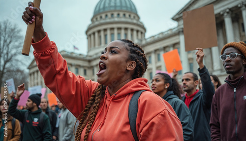  Black woman holds sign, shouting at crowd. Female, mid-20s, black hair in braids, wearing orange hoodie and backpack. 