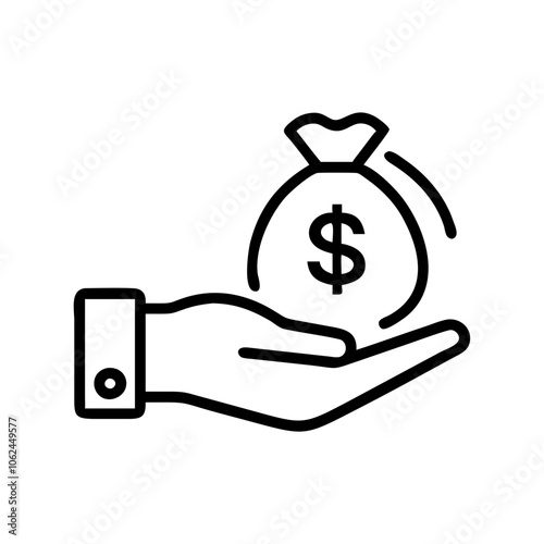 Money bag icon held in hand representing finance and wealth highlighting financial security and abundance in an engaging visual representation